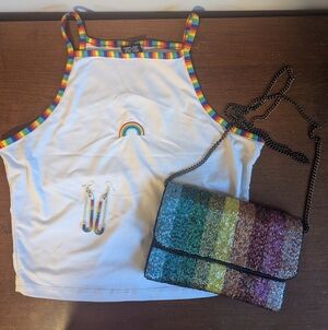Pride Bundle! Rainbow Baby Tee/Tank Size M, Earrings, Beaded Clutch/Bag